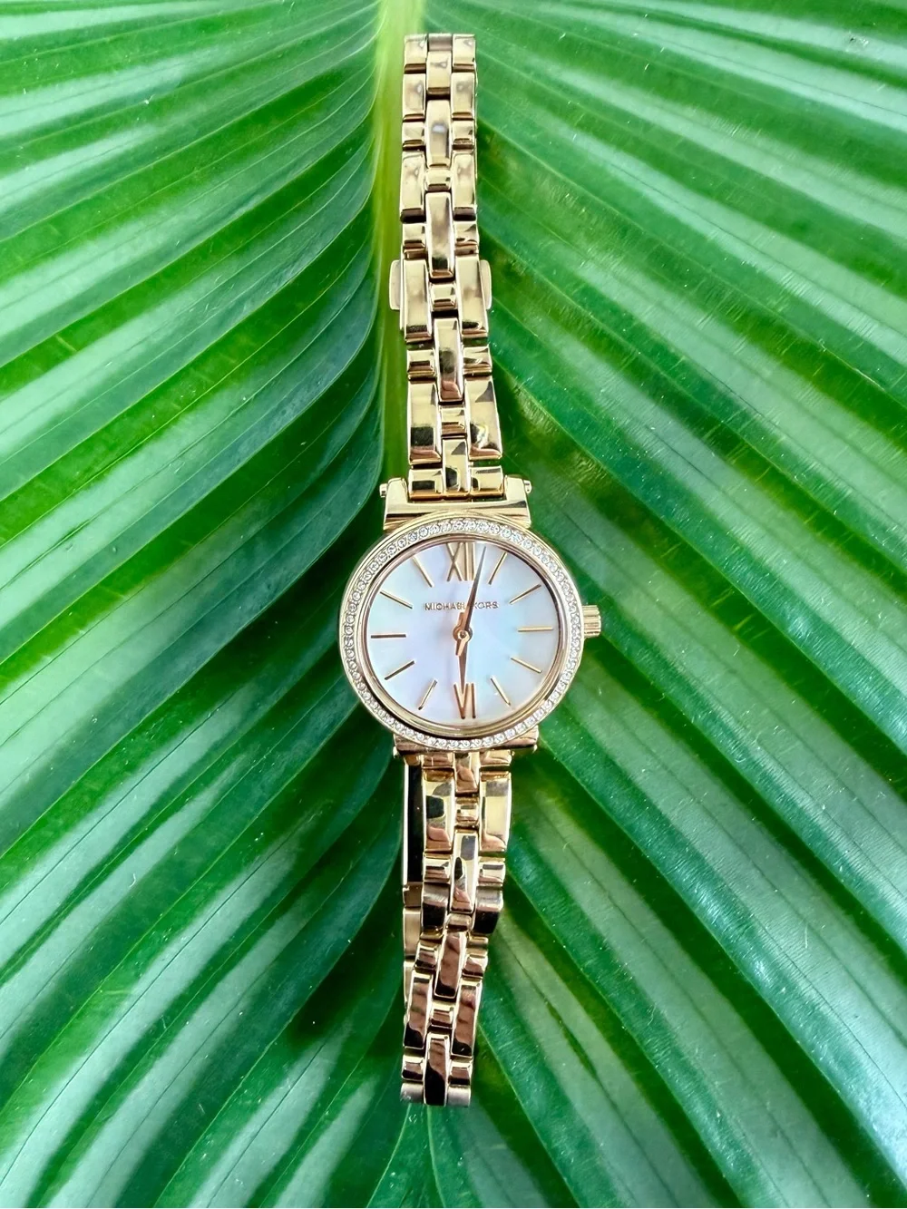 Michael Kors Gold-Tone Crystal Bezel Watch with Mother-of-Pearl Dial